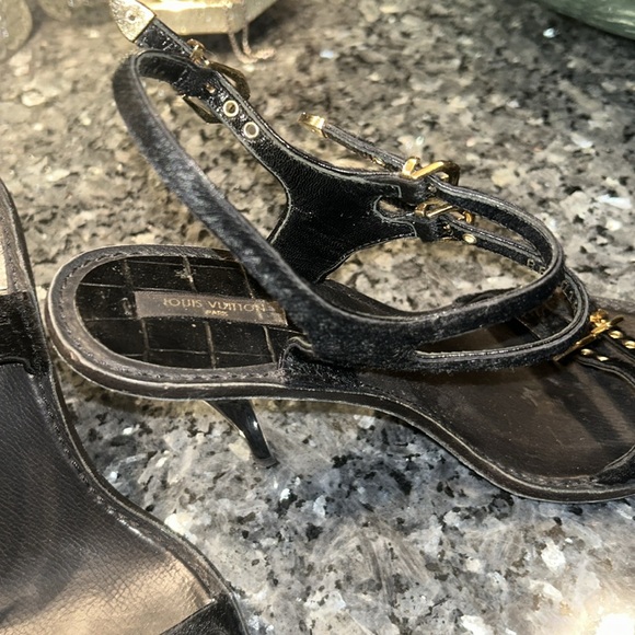 Louis Vuitton black suede with gold buckle heeled sandals, ankle straps - Picture 6 of 10